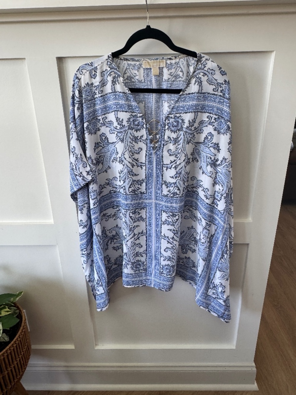 Michael Kors Blue White Paisley Ring Detail Kaftan Tunic L/XL